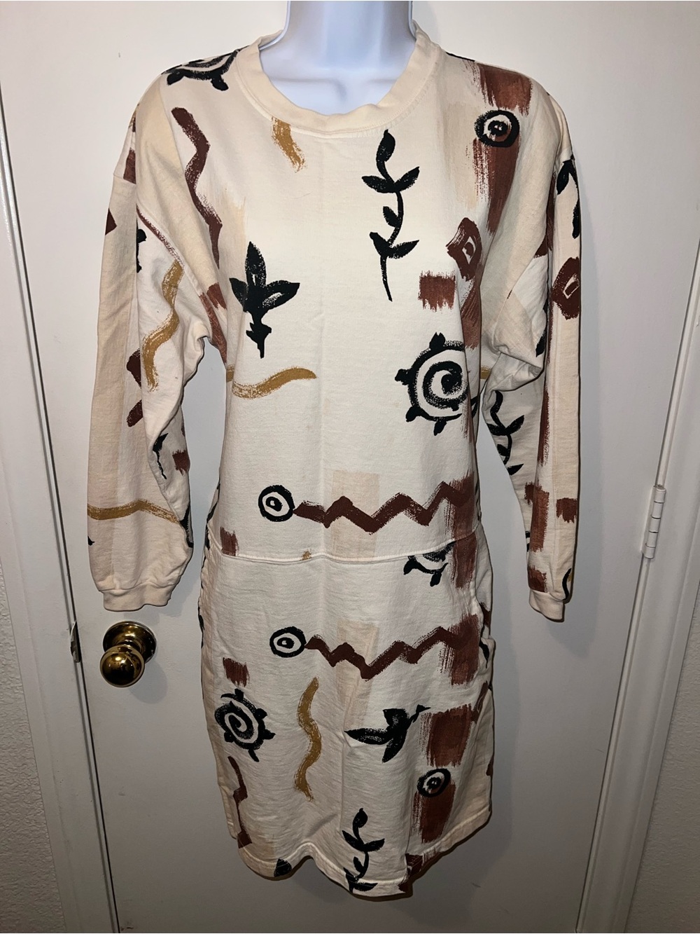 Cream Abstract-Print Long Sleeve Midi Dress